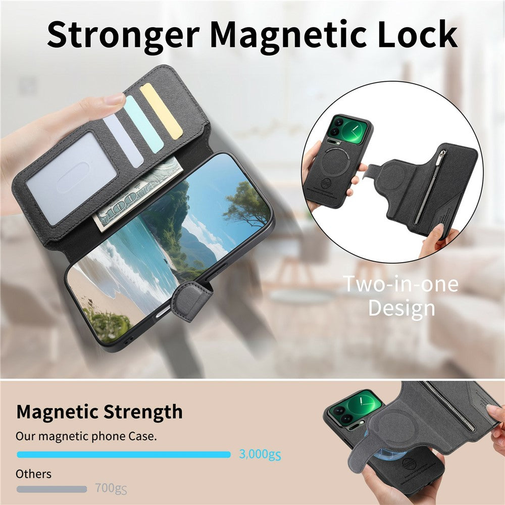 For Xiaomi 17 Pro Max Magnetic Case RFID Blocking Detachable Wallet Stand Cloth Texture Leather Phone Cover