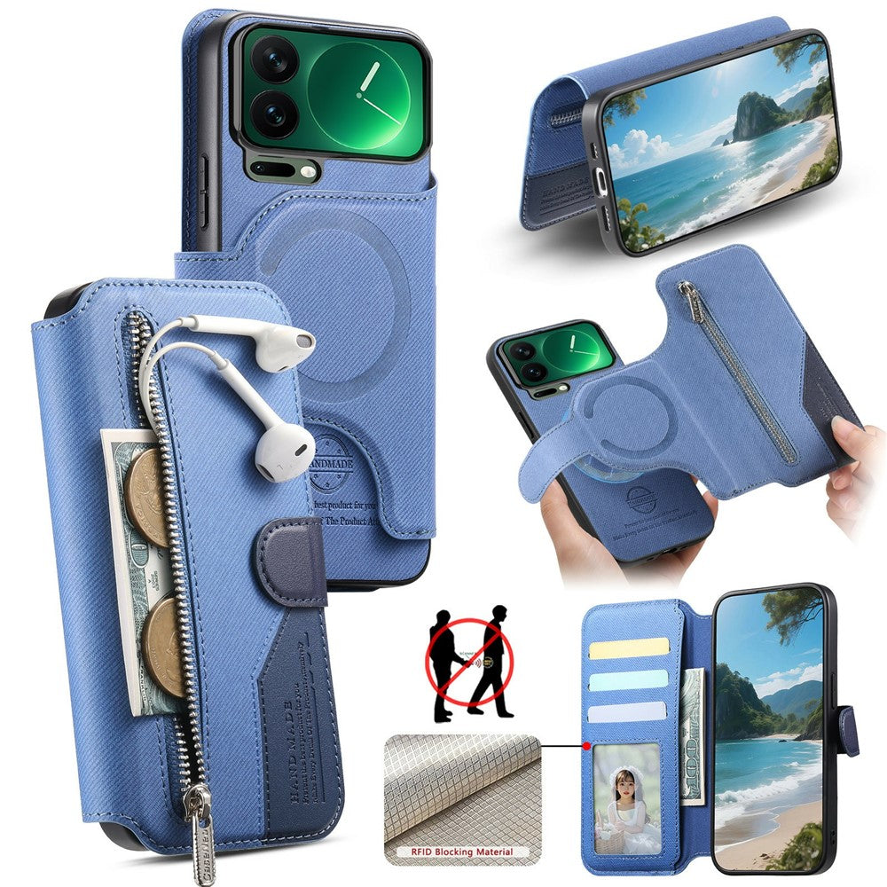 For Xiaomi 17 Pro Max Magnetic Case RFID Blocking Detachable Wallet Stand Cloth Texture Leather Phone Cover