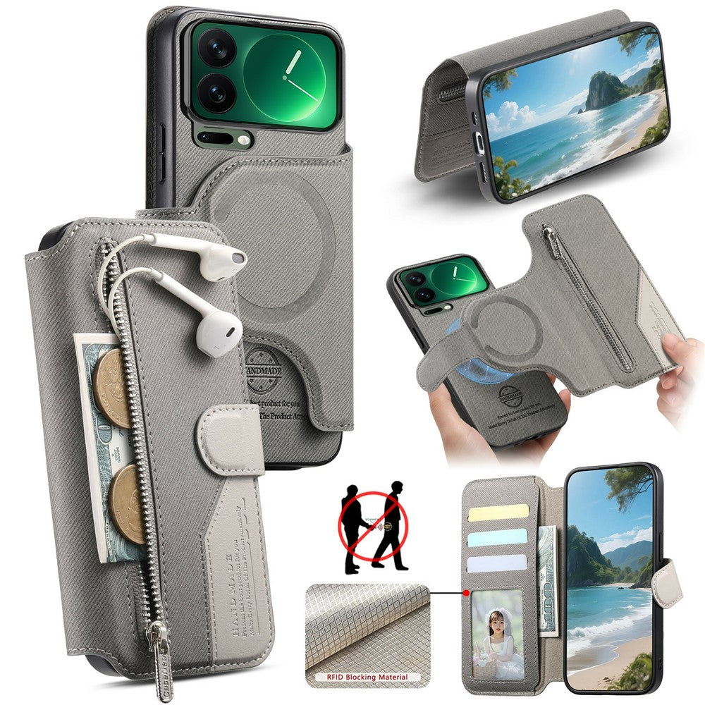 For Xiaomi 17 Pro Max Magnetic Case RFID Blocking Detachable Wallet Stand Cloth Texture Leather Phone Cover