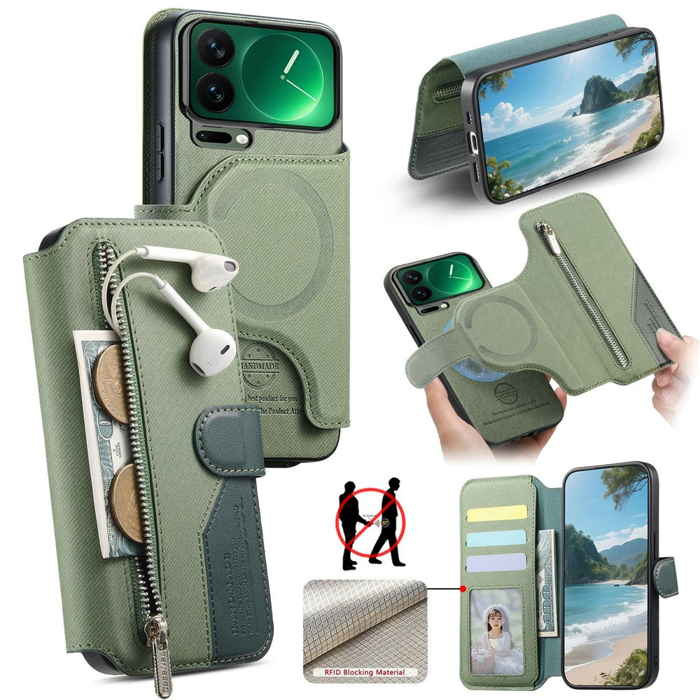For Xiaomi 17 Pro Max Magnetic Case RFID Blocking Detachable Wallet Stand Cloth Texture Leather Phone Cover