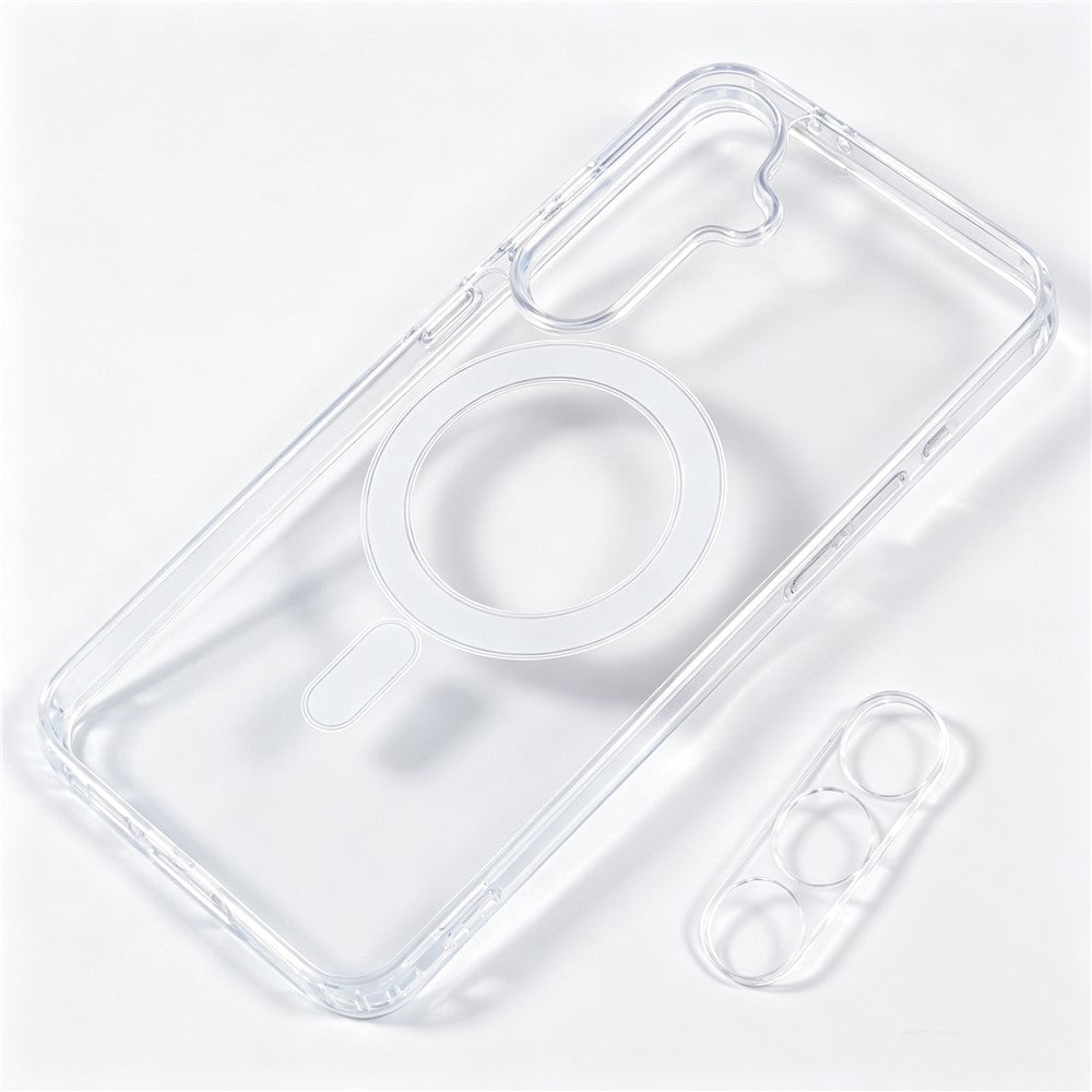 Til Samsung Galaxy S25 magnetisk cover TPU + PC telefoncover med ultratynd fingeraftryksoplåsnings-skærmbeskytter + klar linsefilm
