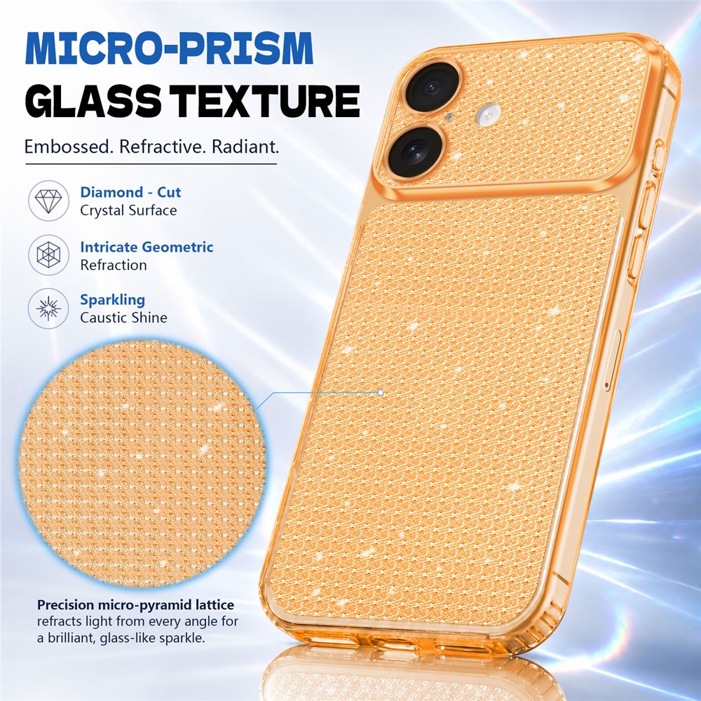 Til iPhone 16 TPU cover med diamanttekstur, glitter og stødsikre hjørner med airbag