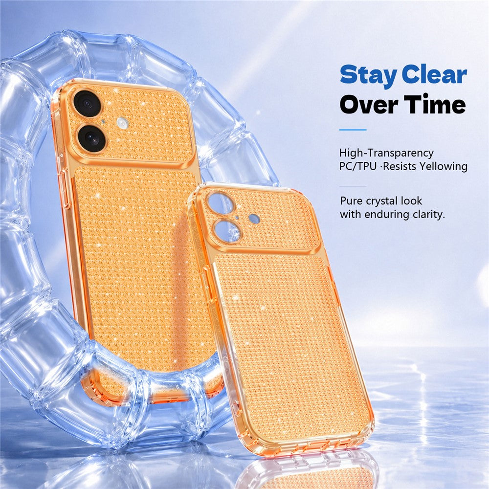 Til iPhone 16 TPU cover med diamanttekstur, glitter og stødsikre hjørner med airbag