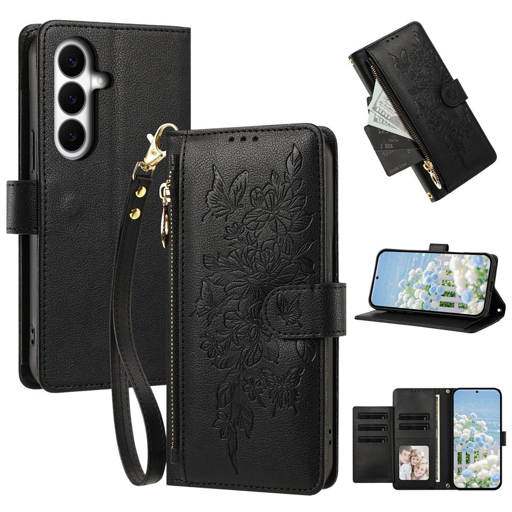 For Samsung Galaxy S26+ Case PU Leather Butterfly Floral Zippered Wallet Phone Cover with Wrist Strap / Shoulder Strap