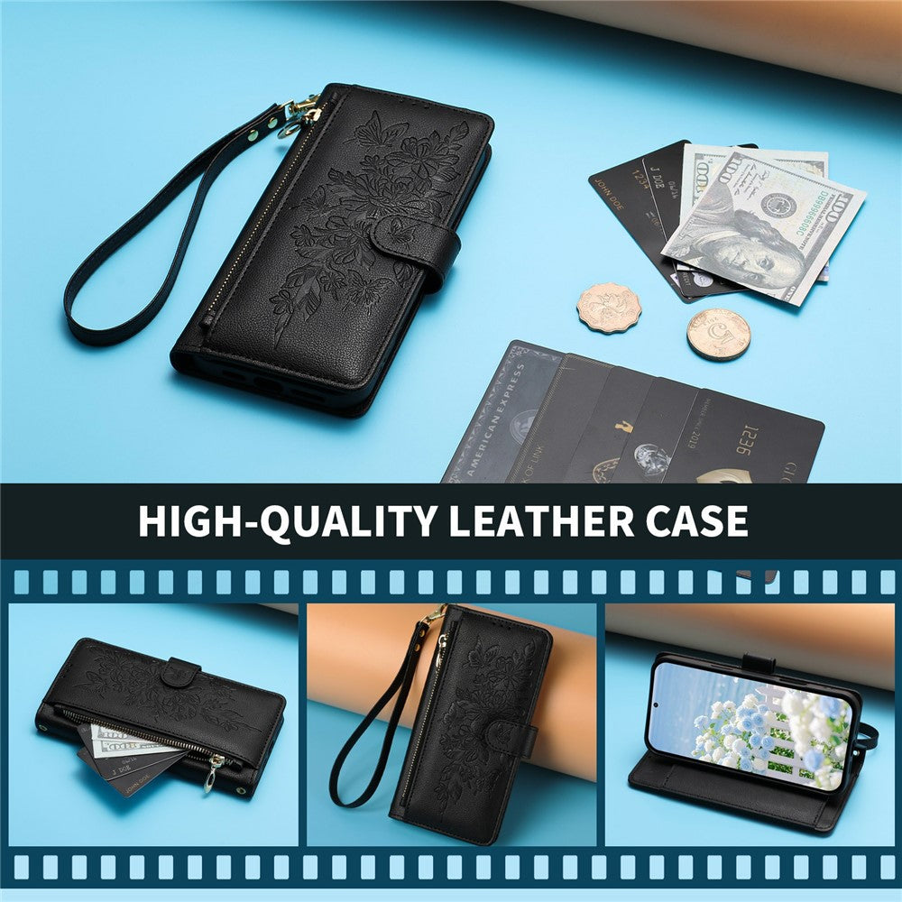 For Samsung Galaxy S26+ Case PU Leather Butterfly Floral Zippered Wallet Phone Cover with Wrist Strap / Shoulder Strap