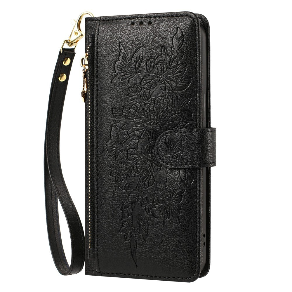 For Samsung Galaxy S26+ Case PU Leather Butterfly Floral Zippered Wallet Phone Cover with Wrist Strap / Shoulder Strap