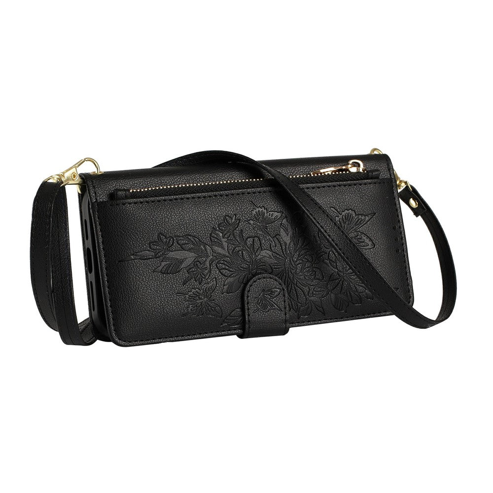 For Samsung Galaxy S26+ Case PU Leather Butterfly Floral Zippered Wallet Phone Cover with Wrist Strap / Shoulder Strap