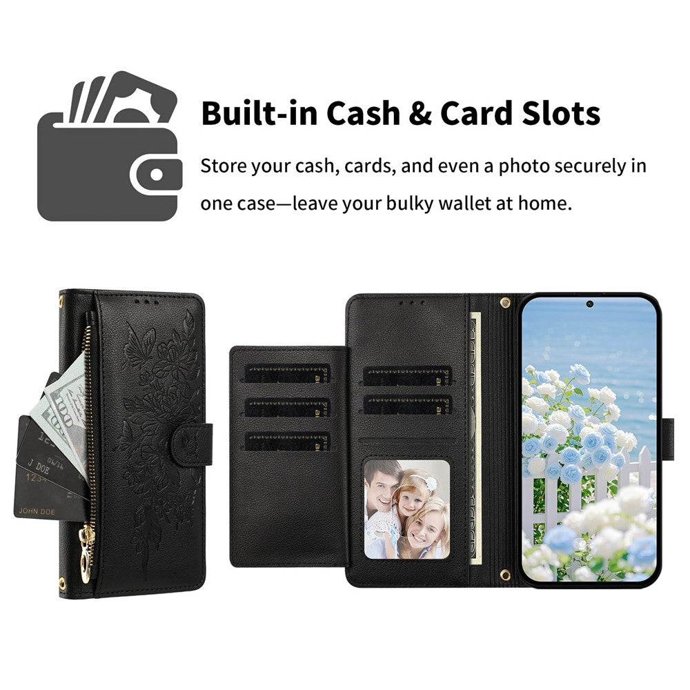 For Samsung Galaxy S26+ Case PU Leather Butterfly Floral Zippered Wallet Phone Cover with Wrist Strap / Shoulder Strap