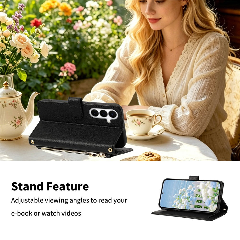 For Samsung Galaxy S26+ Case PU Leather Butterfly Floral Zippered Wallet Phone Cover with Wrist Strap / Shoulder Strap