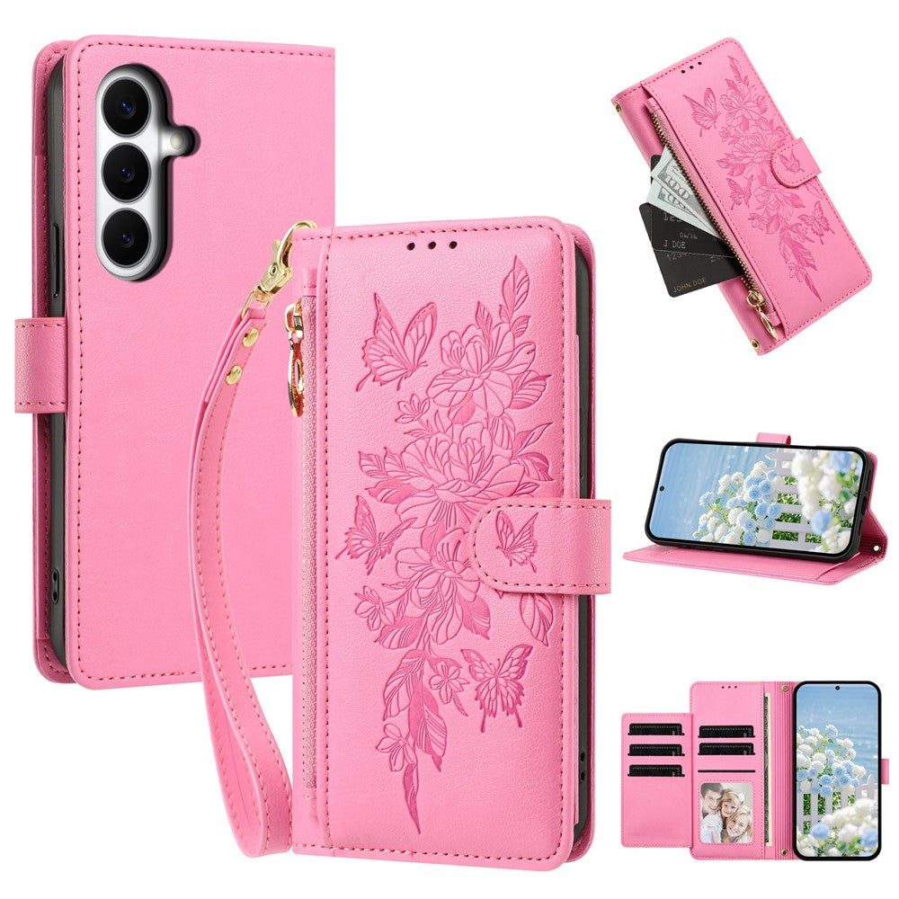 For Samsung Galaxy S26+ Case PU Leather Butterfly Floral Zippered Wallet Phone Cover with Wrist Strap / Shoulder Strap