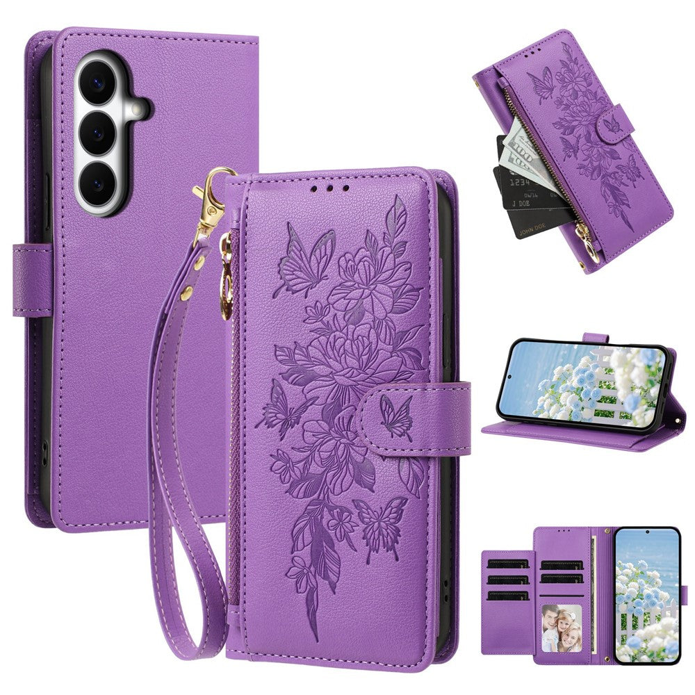 For Samsung Galaxy S26+ Case PU Leather Butterfly Floral Zippered Wallet Phone Cover with Wrist Strap / Shoulder Strap