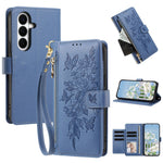 For Samsung Galaxy S26+ Case PU Leather Butterfly Floral Zippered Wallet Phone Cover with Wrist Strap / Shoulder Strap