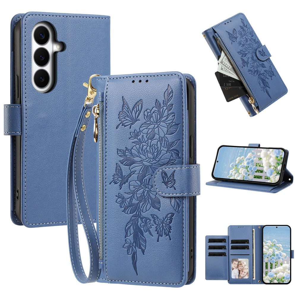 For Samsung Galaxy S26+ Case PU Leather Butterfly Floral Zippered Wallet Phone Cover with Wrist Strap / Shoulder Strap