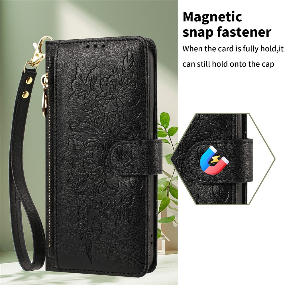 For Samsung Galaxy S26 FE Case PU Leather Butterfly Floral Zippered Wallet Phone Cover with Wrist Strap / Shoulder Strap