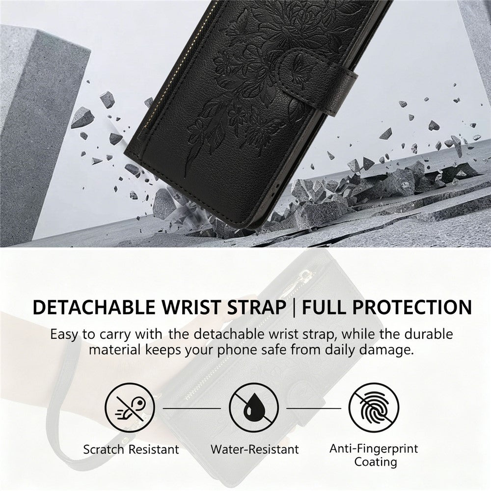 For Samsung Galaxy S26 FE Case PU Leather Butterfly Floral Zippered Wallet Phone Cover with Wrist Strap / Shoulder Strap