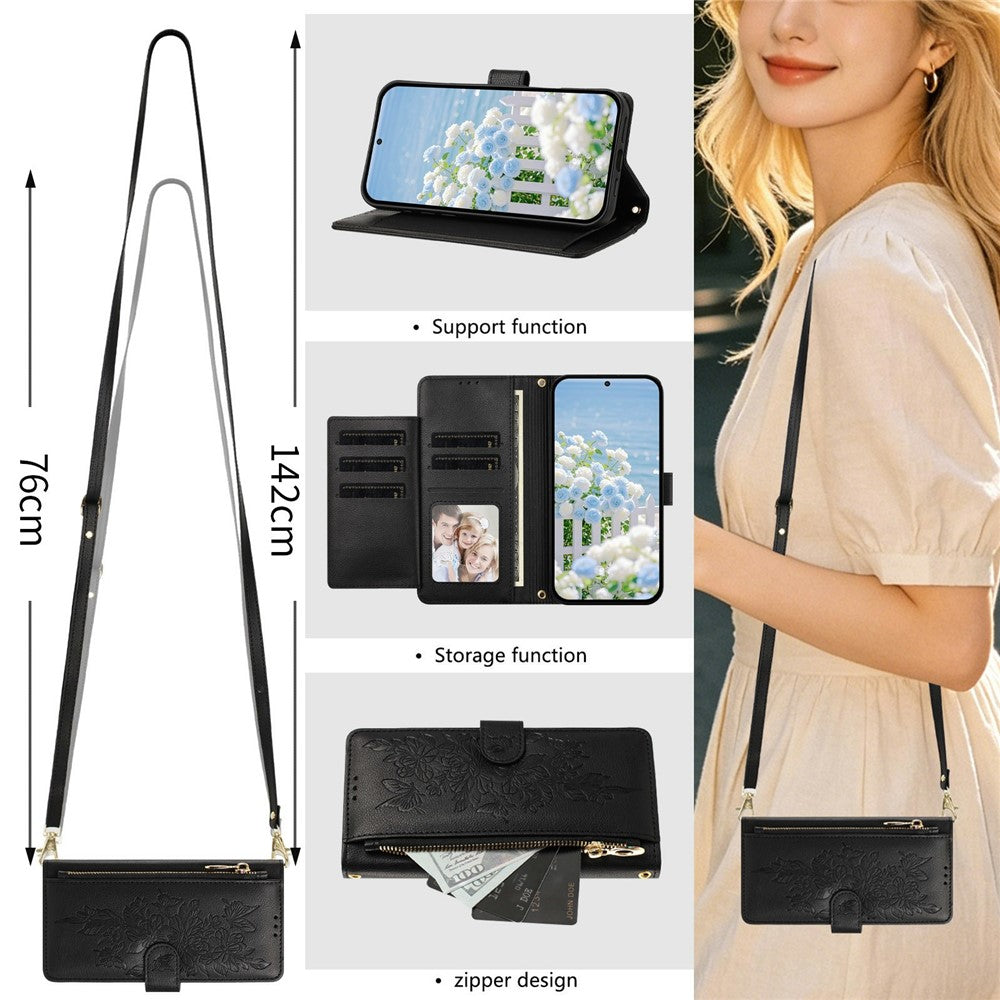 For Samsung Galaxy S26 FE Case PU Leather Butterfly Floral Zippered Wallet Phone Cover with Wrist Strap / Shoulder Strap