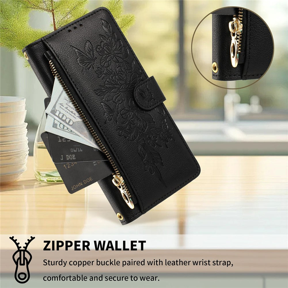 For Samsung Galaxy S26 FE Case PU Leather Butterfly Floral Zippered Wallet Phone Cover with Wrist Strap / Shoulder Strap