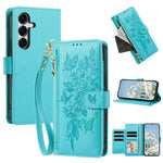 For Samsung Galaxy S26 FE Case PU Leather Butterfly Floral Zippered Wallet Phone Cover with Wrist Strap / Shoulder Strap