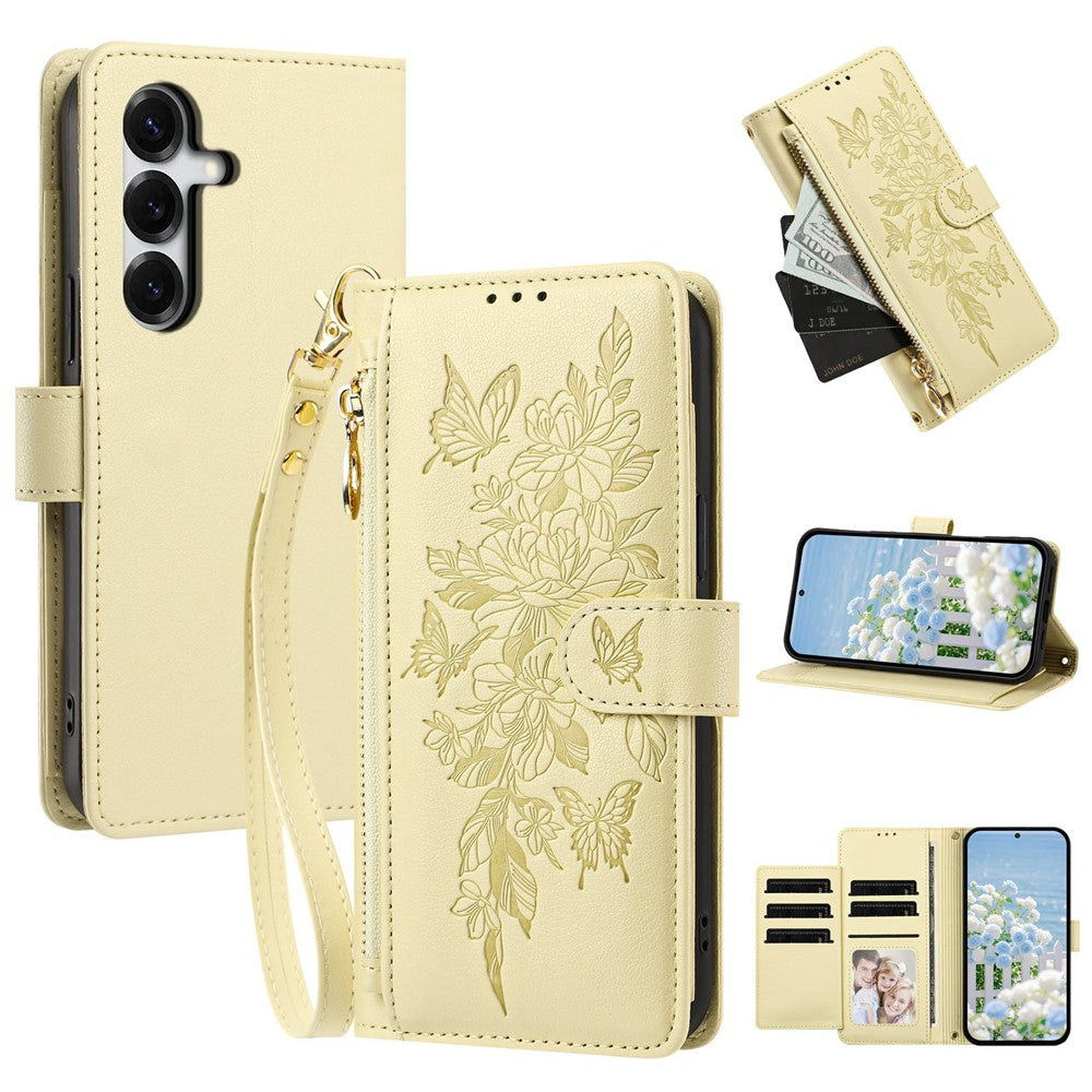 For Samsung Galaxy S26 FE Case PU Leather Butterfly Floral Zippered Wallet Phone Cover with Wrist Strap / Shoulder Strap