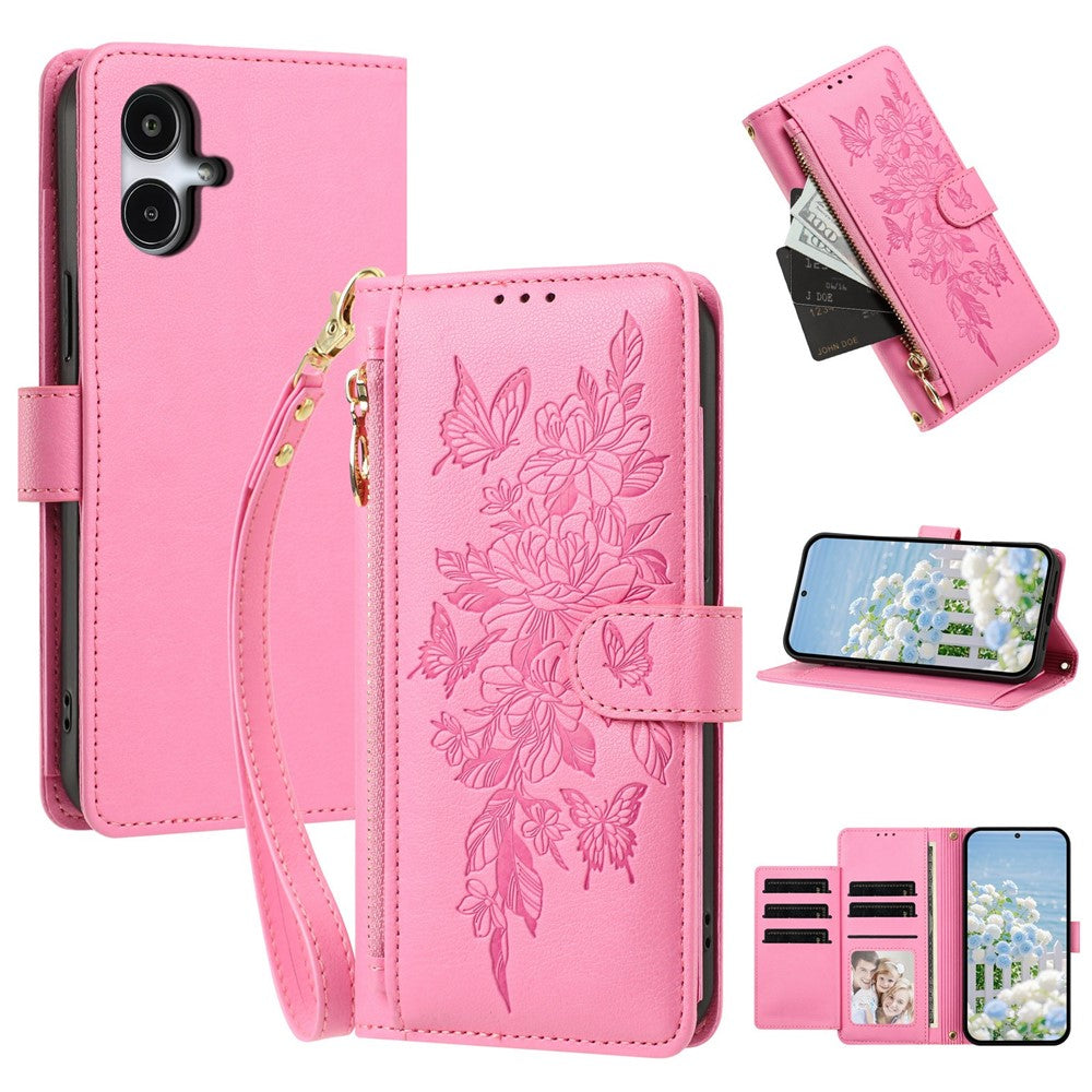 Samsung Galaxy A07 5G / A07 4G / A07s 4G / F07 4G / M07 4G-skal PU-läder, fjärilsblommigt plånboksfodral med dragkedja och handledsrem / axelrem