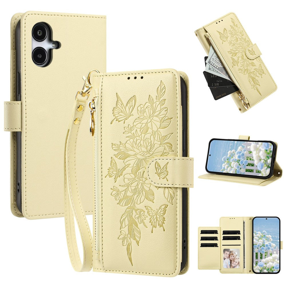 Samsung Galaxy A07 5G / A07 4G / A07s 4G / F07 4G / M07 4G-skal PU-läder, fjärilsblommigt plånboksfodral med dragkedja och handledsrem / axelrem