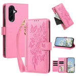 For Samsung Galaxy A27 5G Case PU Leather Butterfly Floral Zippered Wallet Phone Cover with Wrist Strap / Shoulder Strap