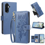 For Samsung Galaxy A27 5G Case PU Leather Butterfly Floral Zippered Wallet Phone Cover with Wrist Strap / Shoulder Strap