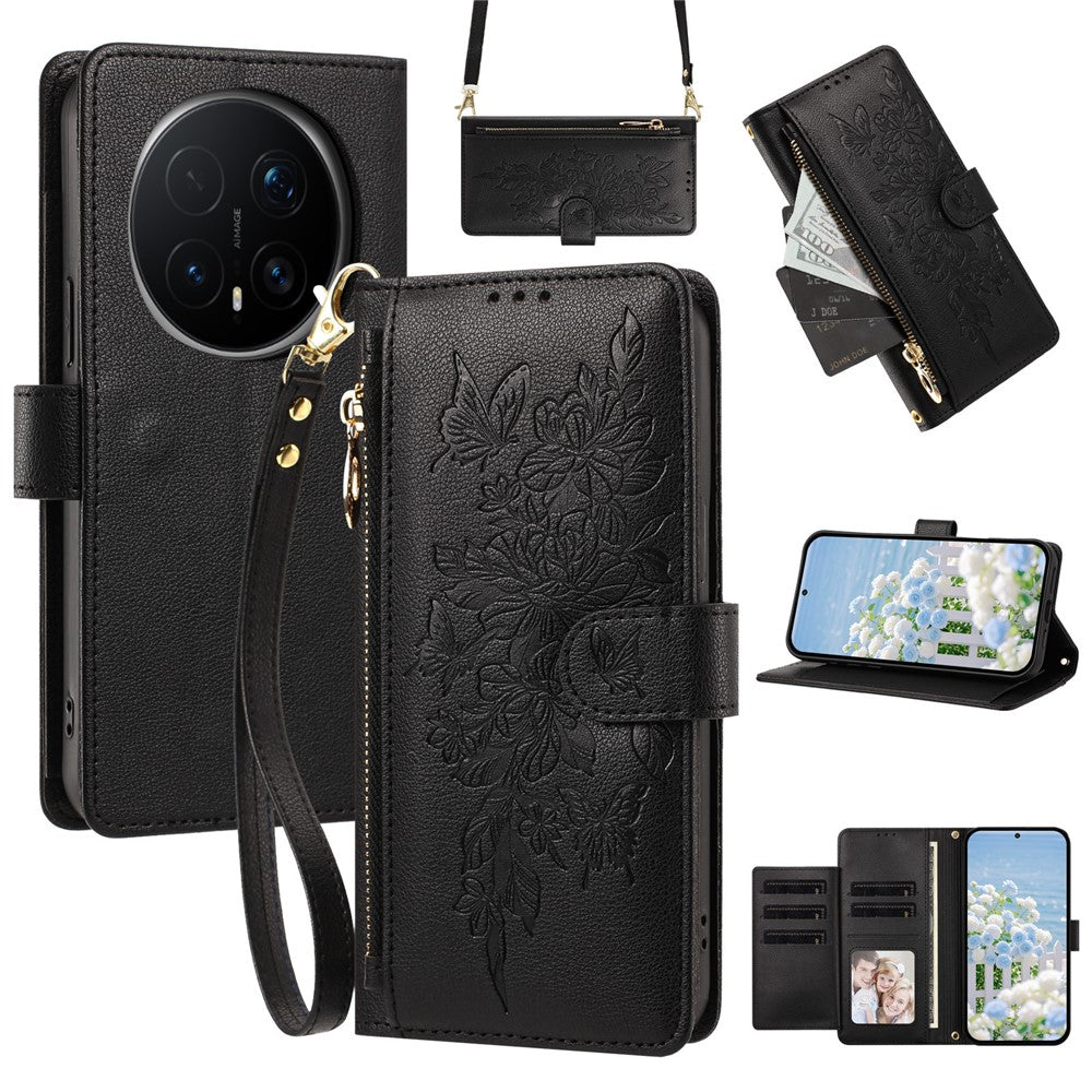 For Honor Magic8 Pro 5G Case PU Leather Butterfly Floral Zippered Wallet Phone Cover with Wrist Strap / Shoulder Strap