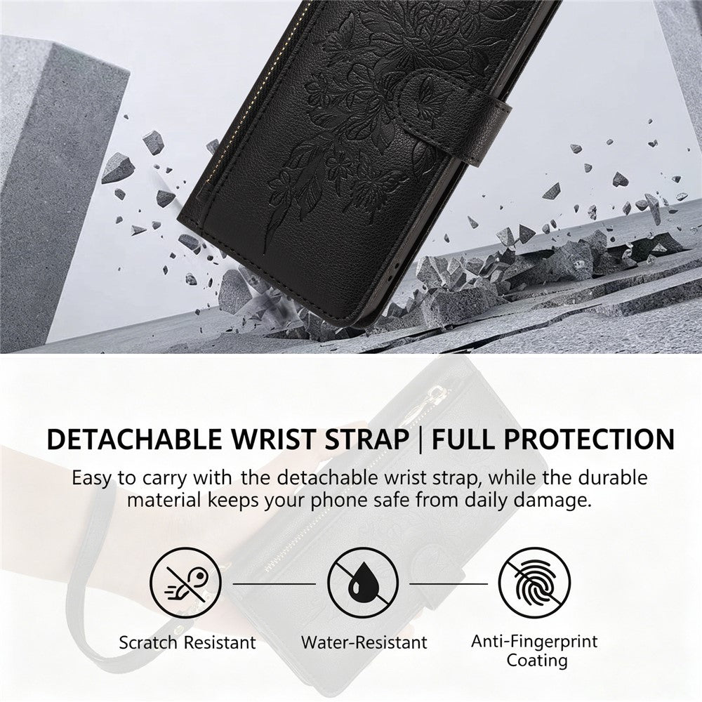For Honor Magic8 Pro 5G Case PU Leather Butterfly Floral Zippered Wallet Phone Cover with Wrist Strap / Shoulder Strap
