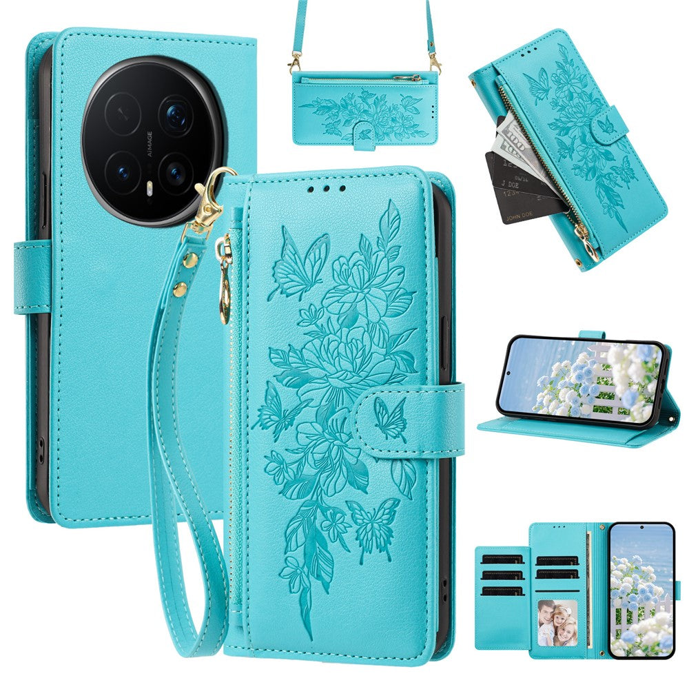 For Honor Magic8 Pro 5G Case PU Leather Butterfly Floral Zippered Wallet Phone Cover with Wrist Strap / Shoulder Strap
