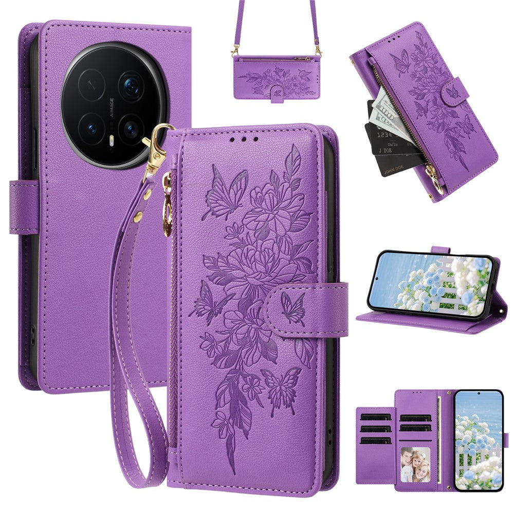 For Honor Magic8 Pro 5G Case PU Leather Butterfly Floral Zippered Wallet Phone Cover with Wrist Strap / Shoulder Strap