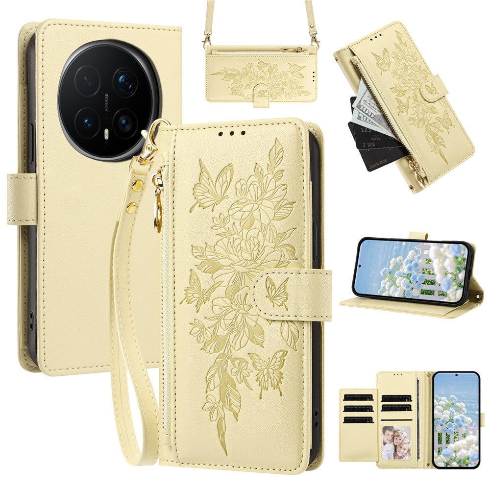 For Honor Magic8 Pro 5G Case PU Leather Butterfly Floral Zippered Wallet Phone Cover with Wrist Strap / Shoulder Strap