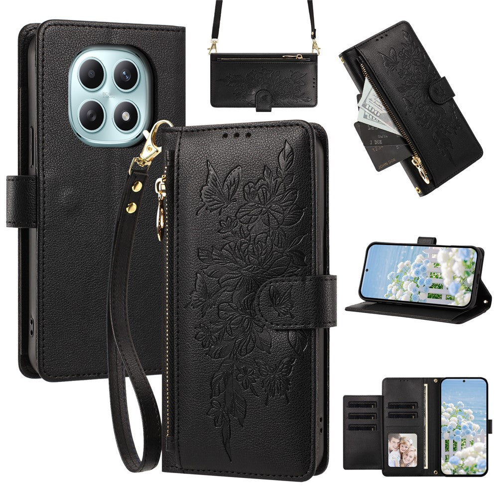 For Xiaomi Redmi Note 15 4G (Global)  /  Redmi Note 15 5G (Global)  /  Poco M8 5G Case PU Leather Butterfly Floral Zippered Wallet Phone Cover with Wrist Strap / Shoulder Strap