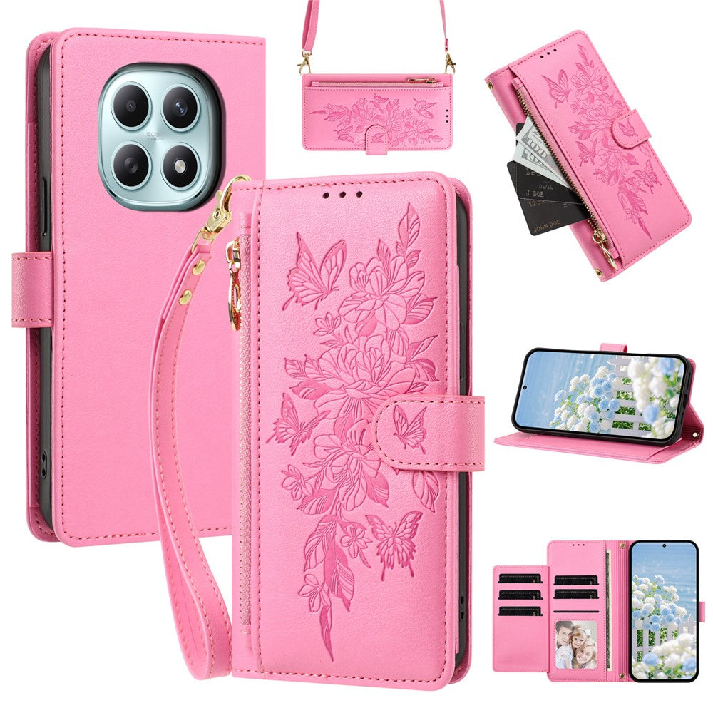 For Xiaomi Redmi Note 15 4G (Global)  /  Redmi Note 15 5G (Global)  /  Poco M8 5G Case PU Leather Butterfly Floral Zippered Wallet Phone Cover with Wrist Strap / Shoulder Strap