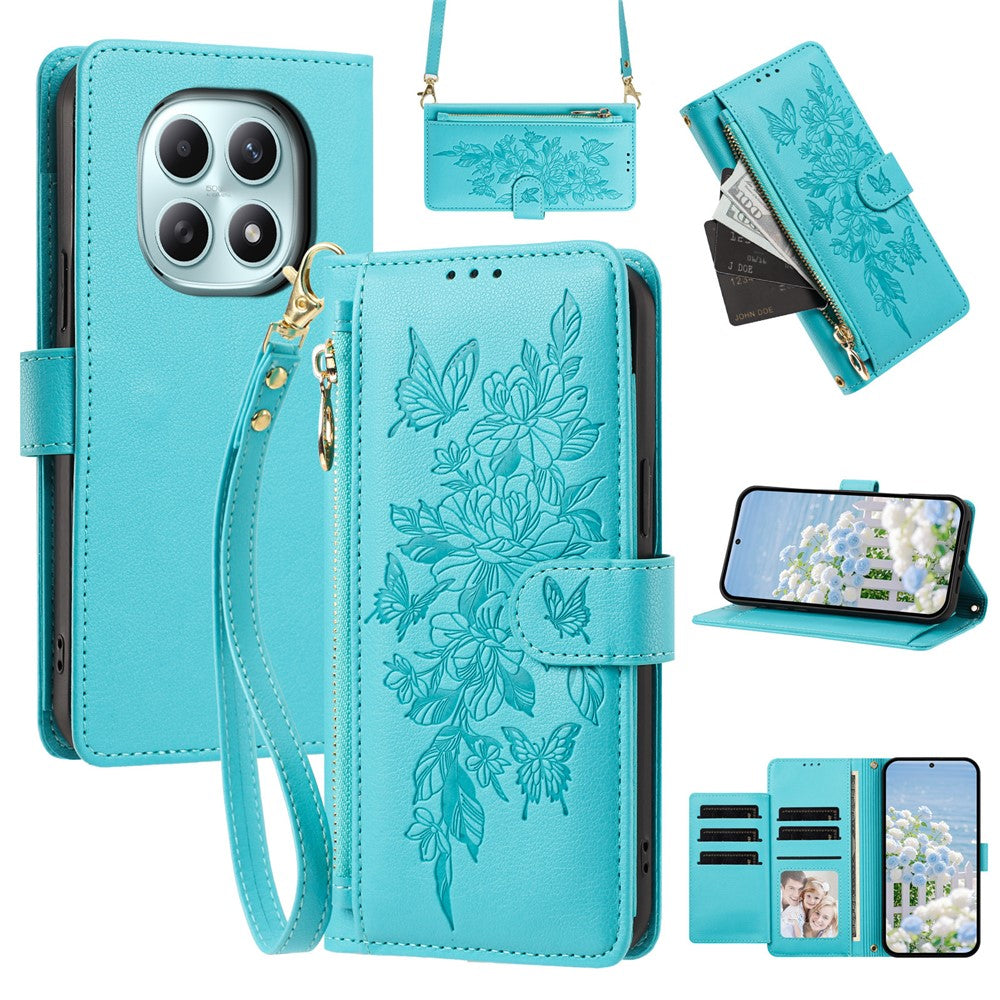 For Xiaomi Redmi Note 15 4G (Global)  /  Redmi Note 15 5G (Global)  /  Poco M8 5G Case PU Leather Butterfly Floral Zippered Wallet Phone Cover with Wrist Strap / Shoulder Strap