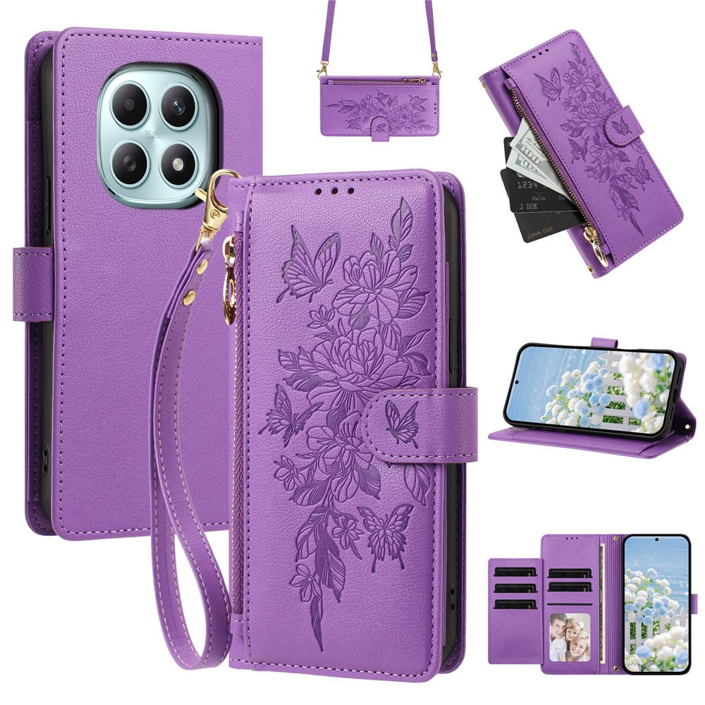 For Xiaomi Redmi Note 15 4G (Global)  /  Redmi Note 15 5G (Global)  /  Poco M8 5G Case PU Leather Butterfly Floral Zippered Wallet Phone Cover with Wrist Strap / Shoulder Strap