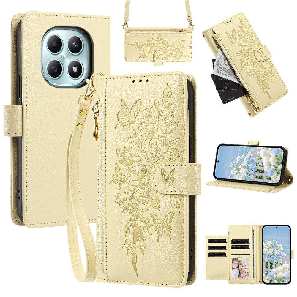For Xiaomi Redmi Note 15 4G (Global)  /  Redmi Note 15 5G (Global)  /  Poco M8 5G Case PU Leather Butterfly Floral Zippered Wallet Phone Cover with Wrist Strap / Shoulder Strap