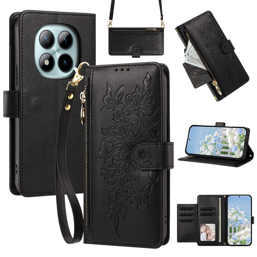For Xiaomi Redmi Note 15 Pro 5G (Global) Case PU Leather Butterfly Floral Zippered Wallet Phone Cover with Wrist Strap  /  Shoulder Strap