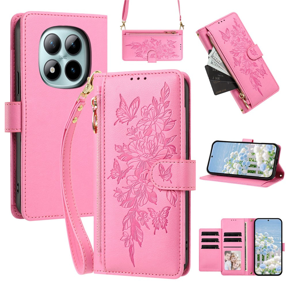 For Xiaomi Redmi Note 15 Pro 5G (Global) Case PU Leather Butterfly Floral Zippered Wallet Phone Cover with Wrist Strap  /  Shoulder Strap