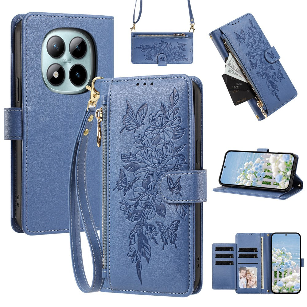 For Xiaomi Redmi Note 15 Pro 5G (Global) Case PU Leather Butterfly Floral Zippered Wallet Phone Cover with Wrist Strap  /  Shoulder Strap