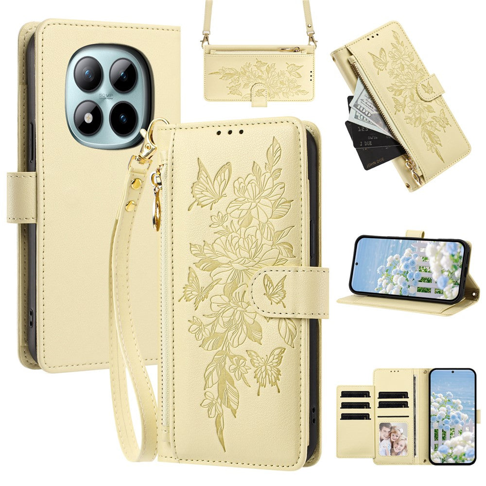 For Xiaomi Redmi Note 15 Pro 5G (Global) Case PU Leather Butterfly Floral Zippered Wallet Phone Cover with Wrist Strap  /  Shoulder Strap