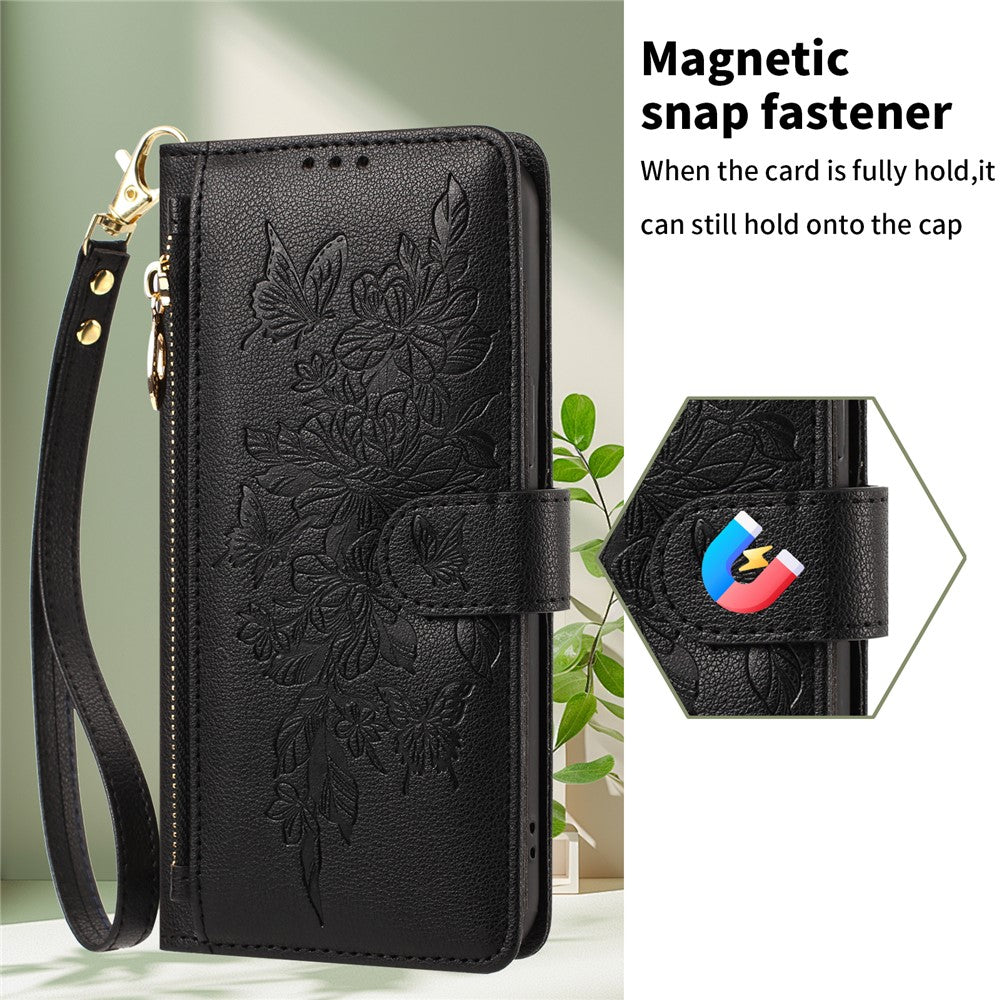 For Xiaomi Redmi Note 15 Pro+ 5G (Global)  /  Poco M8 Pro 5G Case PU Leather Butterfly Floral Zippered Wallet Phone Cover with Wrist Strap  /  Shoulder Strap