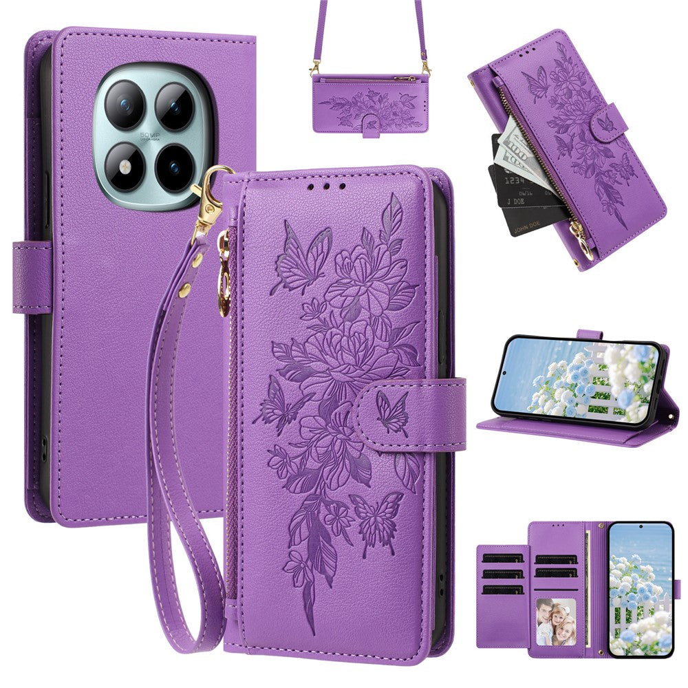 For Xiaomi Redmi Note 15 Pro+ 5G (Global)  /  Poco M8 Pro 5G Case PU Leather Butterfly Floral Zippered Wallet Phone Cover with Wrist Strap  /  Shoulder Strap