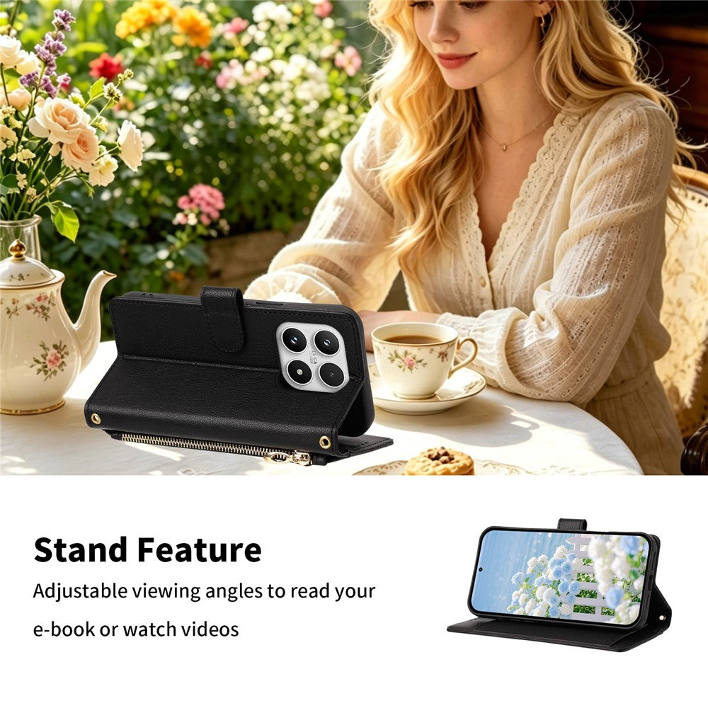 For Xiaomi 17 Case PU Leather Butterfly Floral Zippered Wallet Phone Cover with Wrist Strap  /  Shoulder Strap