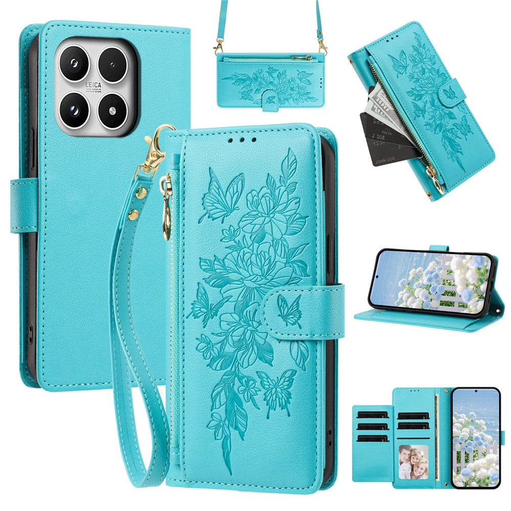For Xiaomi 17 Case PU Leather Butterfly Floral Zippered Wallet Phone Cover with Wrist Strap  /  Shoulder Strap