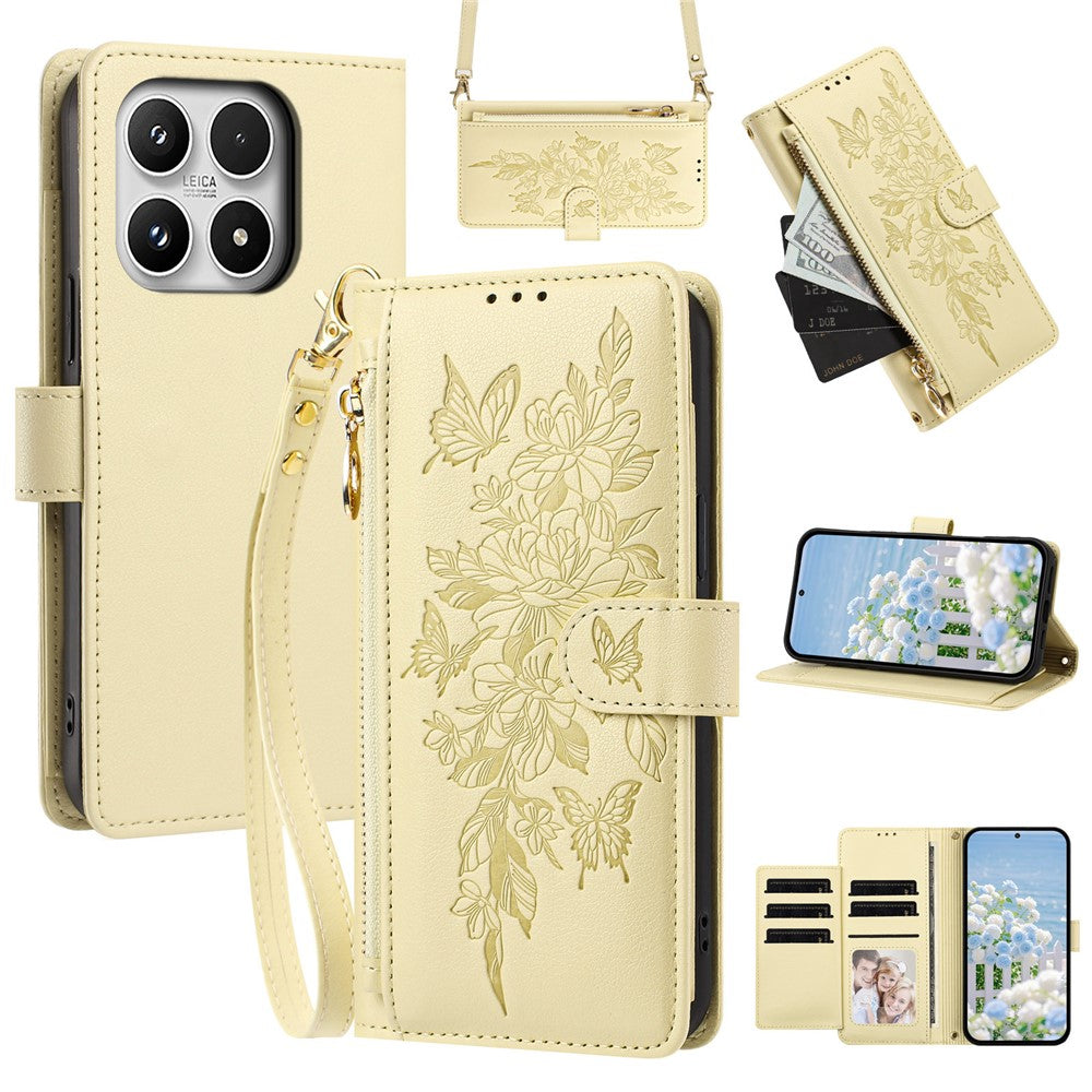 For Xiaomi 17 Case PU Leather Butterfly Floral Zippered Wallet Phone Cover with Wrist Strap  /  Shoulder Strap