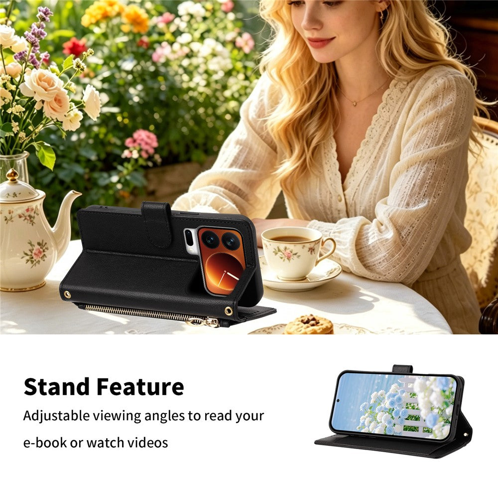 For Xiaomi 17 Pro Case PU Leather Butterfly Floral Zippered Wallet Phone Cover with Wrist Strap  /  Shoulder Strap