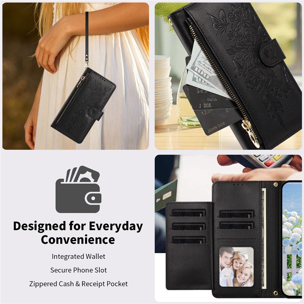 For Xiaomi 17 Pro Max Case PU Leather Butterfly Floral Zippered Wallet Phone Cover with Wrist Strap  /  Shoulder Strap