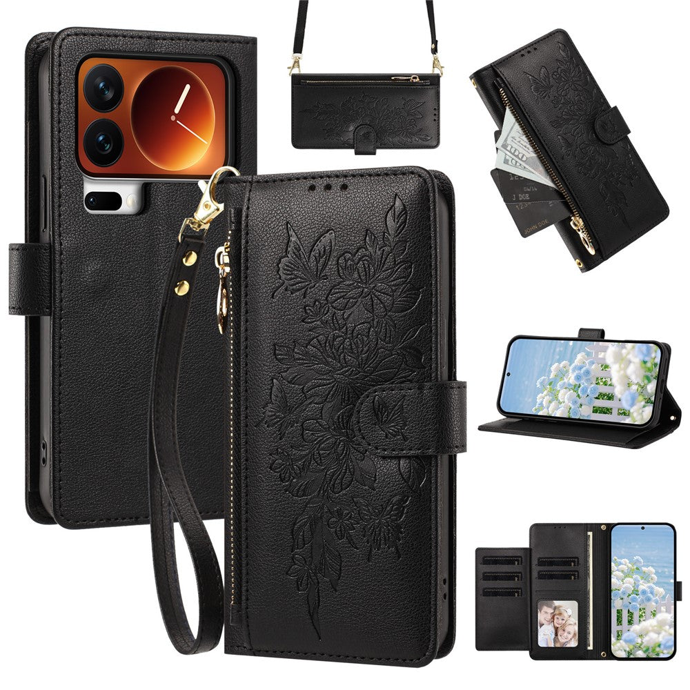 For Xiaomi 17 Pro Max Case PU Leather Butterfly Floral Zippered Wallet Phone Cover with Wrist Strap  /  Shoulder Strap