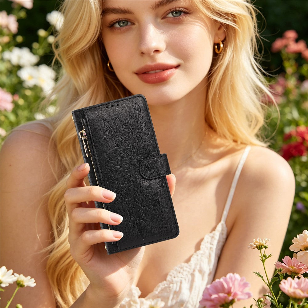 For Xiaomi 17 Pro Max Case PU Leather Butterfly Floral Zippered Wallet Phone Cover with Wrist Strap  /  Shoulder Strap